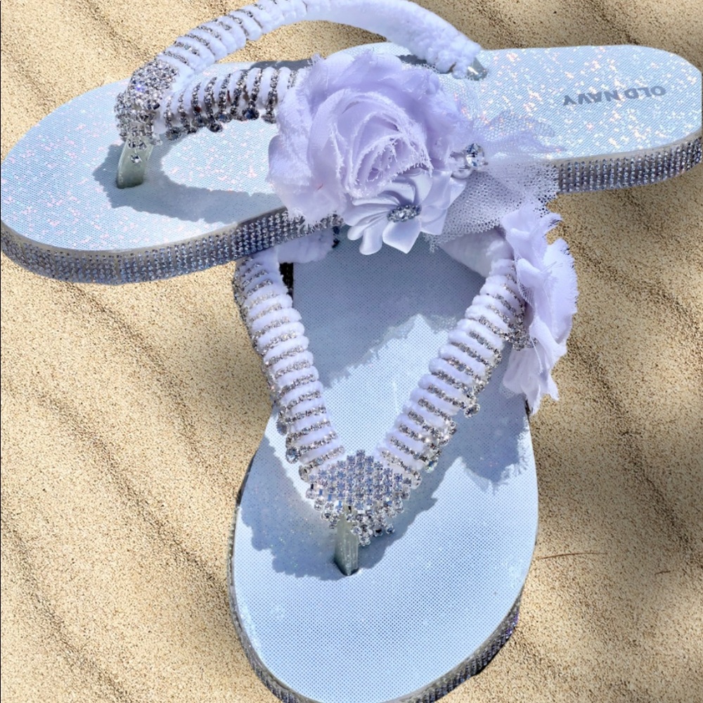 Bridal Beach White Wedding Flip Flops, Crystal Sandals, Wedding Shoes Sz 5